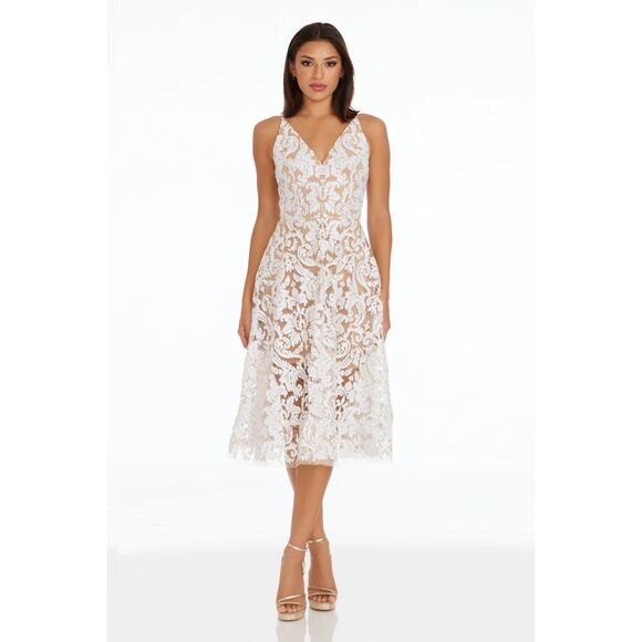 Dress The Population Blair Dress White Nude Sequin Lace Fit and Flare Dress Size - Picture 2 of 12